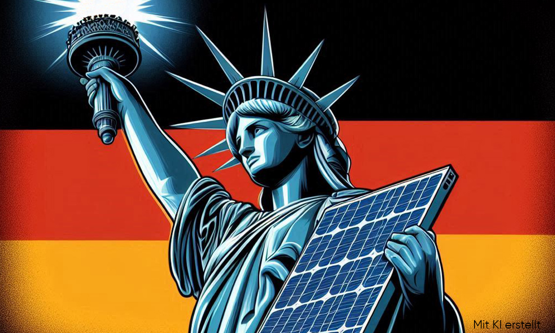 Statue of liberty with pv module in her left hand and a german flag in the background